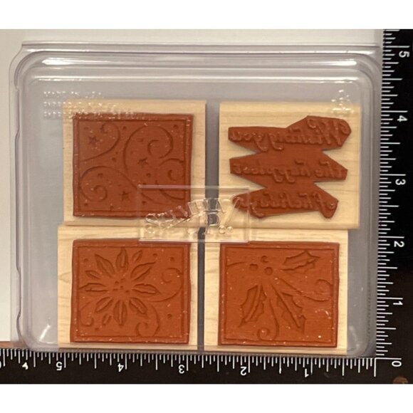 Stampin Up! HAPPIEST OF HOLIDAYS WOOD MOUNTED Rubber Stamp Set WISH HOLLY STAR - Picture 3 of 7